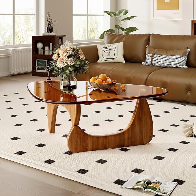 Mid Century Modern Coffee Table, Small Coffee Tables, Abstract Oval Coffee Tables for Bedroom Reception Office, Rustic Unique Center Table with Wood Legs 1