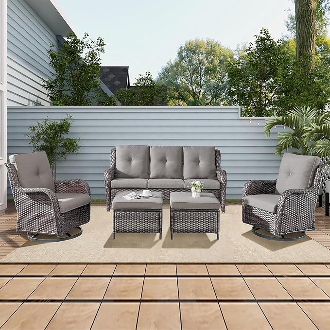 Rilyson Wicker Patio Furniture Set - 5 PC Rattan Outdoor Sectional Conversation Sets with 2 Rocking Swivel Chairs,2 Ottomans and 1 Sofa for Porch Deck Garden(Mixed Grey/Grey)
