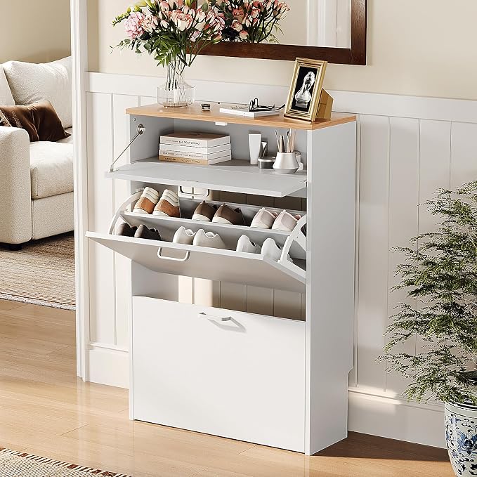 VINGLI Set of 2 Shoe Cabinet Storage for Entryway, Ultra Slim Shoe Organizer with 2 Flip & 1 Drop-Down Drawers, 2-Pack Narrow Shoe Cabinet 24.8" W for Front Door, Freestanding Modern White Shoes Rack - Image 10
