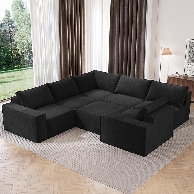 Vesgantti 143.7" Boneless Couch for Living Room, 6 Seater Modular Sectional Sofa with Ottoman & Deep Seat, Convertible Chenille Oversized Cloud Couches, No Assembly Required, Black