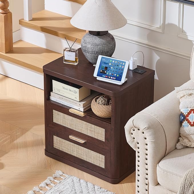 LEYAOYAO Rattan Nightstands Set of 2 with Charger Station, 23" Wide Boho Night Stand with 2 Drawers, Bedside Table Open Shlef, Bed Side End Table Dresser for Bedroom, Living Room Hallway, Walnut - Image 9