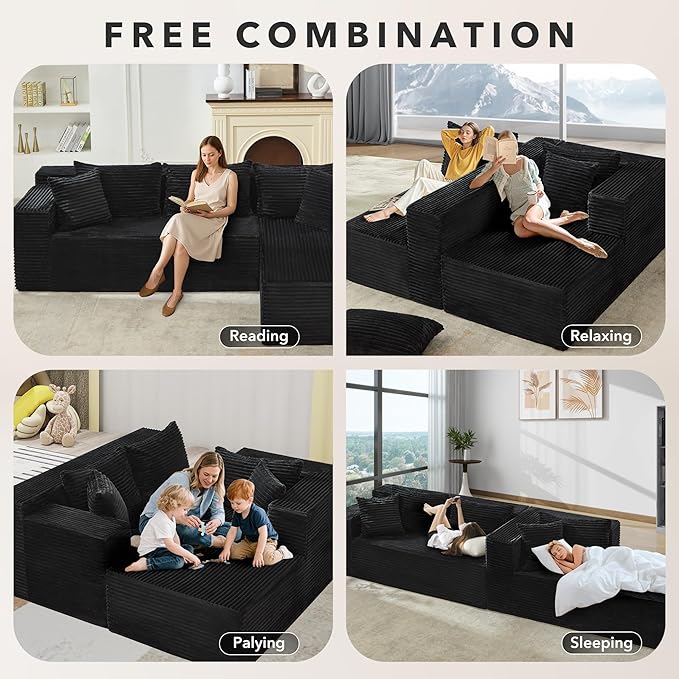 Modular Sectional Sofa Cloud Sectional Couch, 106" Comfy L Shaped Black Couches for Living Room, Deep Seat Memory Foam Plush Corduroy Boneless Couch Sectionals with L Facing Chaise Sofa