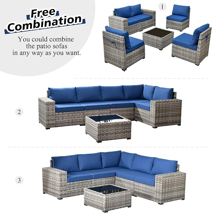 HOOOWOOO 9 Piece Modular Patio Outdoor Sectional Furniture Set with Gas Propane Fire Pit Table,Wicker Conversation Sofa Set with Swivel Chairs,Outside Couch Set(Navy Blue)