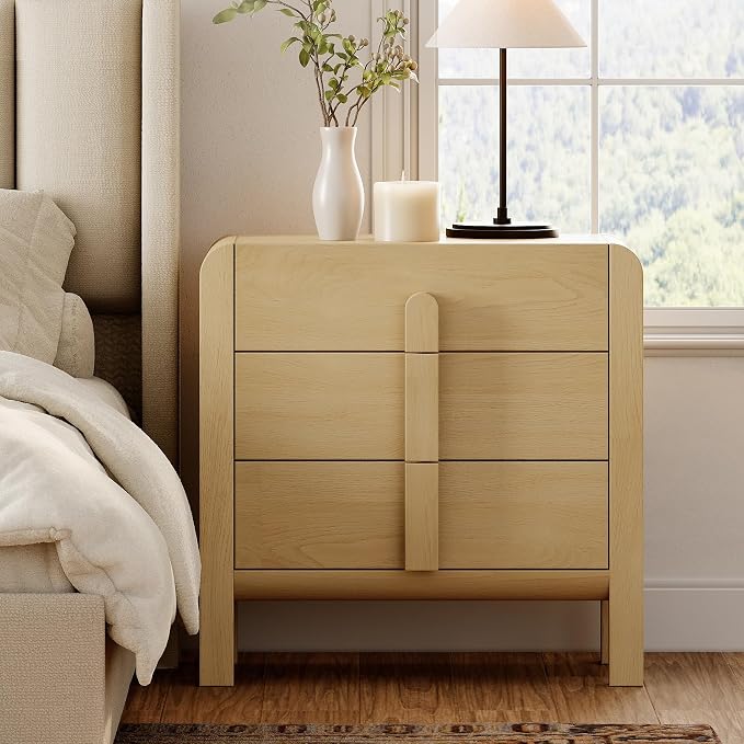 WAMPAT Nightstands Set of 2, Large Nightstands with 3 Drawers, Modern 31.5" Tall Wooden End Tables with Storage, Oak Nightstands Bedside Tables with Curved Design for Bedroom - Image 9