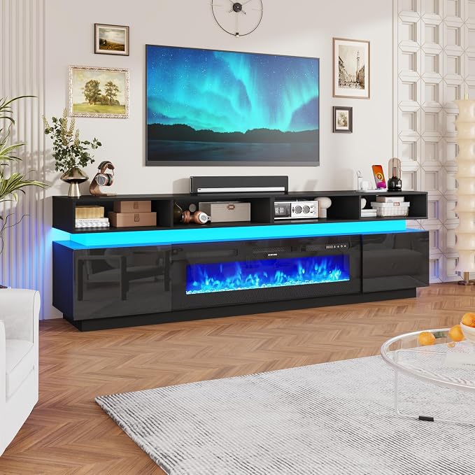 chartustriable Fireplace TV Stand for 100" TV, 93" LED Entertainment Center with 50" Fireplace & Power Outlets, High Gloss TV Stand, Gaming TV Media Console for Living Room, 93 Inch, Black - Image 8
