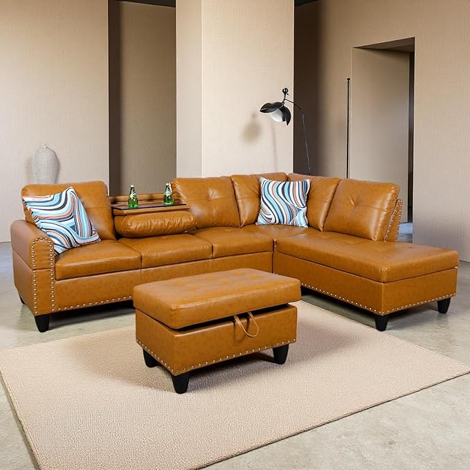 Sectional Couches for Living Room, Convertible 4 Seat Modular Sectional Sofa Set for Living Room, L Shaped Couch or U Shaped Couch with Storage Ottoman for Apartment, Orange