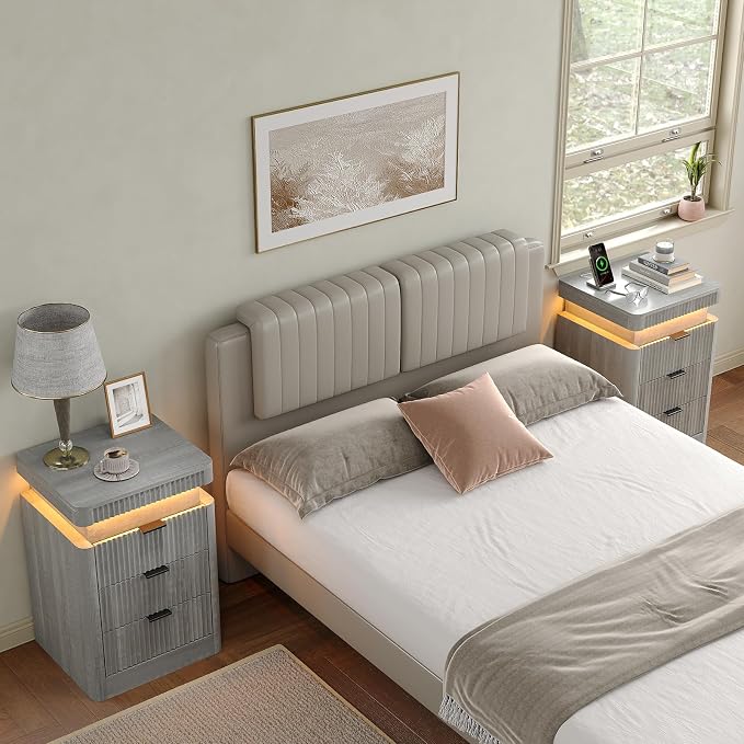 Yanosaku Night Stand with Charging Station, 3-Drawer Fluted LED Bedside Table with Sliding Top & USB Outlets, Modern End Table for Small Bedroom Living Room, Light Grey - Image 8