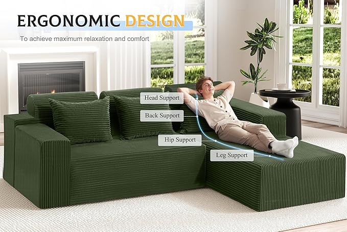 Homguava Modular Sectional Couches for Living Room,105" Cloud Couch with L-Shape Chaise,Comfy Sofa Living Room Sofas with Deep Seat,No Assembly L Couch,Corduroy Fabric(Green,R)