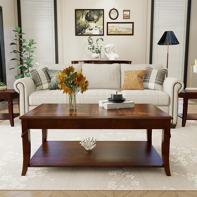 Living Room Tables Set of 3- One Coffee Table and Two End Table with Carved Tabletop and Leg, Mid-Century Sofa Beside Table and Center Table with Carved Legs, Easy Assembly, Cherry Brown KFZ-CJZ-DR200