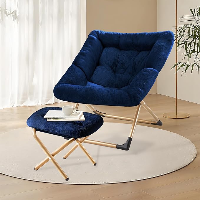 Youtanic Comfy Oversized Saucer Chair with Ottoman,Soft Faux Fur Reading Lounge Chair for Adults,Stable X-Large Metal Frame and Non-Slip Pad,Cozy Chair for Bedroom, Living Room, Dorm, Office, Blue