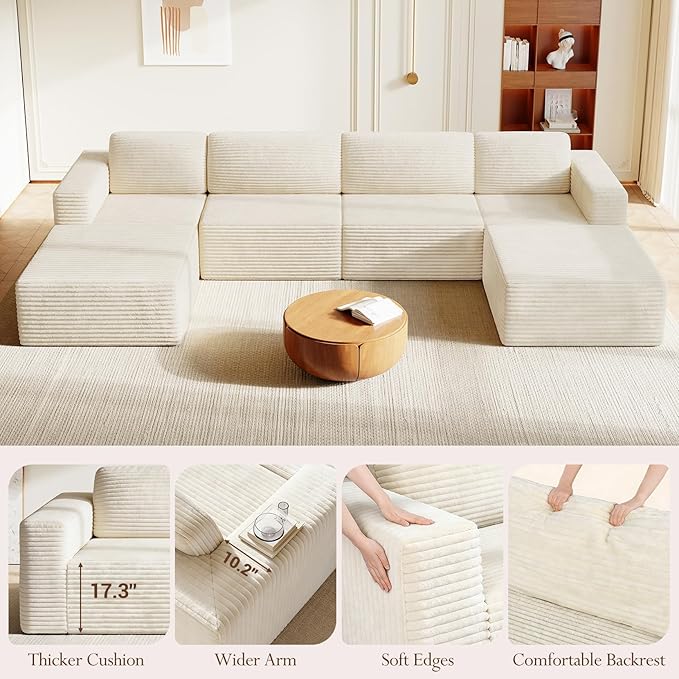 Vesgantti 159" Large Modular Sectional Sofa, U-Shaped Corduroy Cloud Couch with Deep Seats & Spring Support, 4-Seater Boneless Sofa with 2 Movable Ottomans, No Assembly Needed, Beige