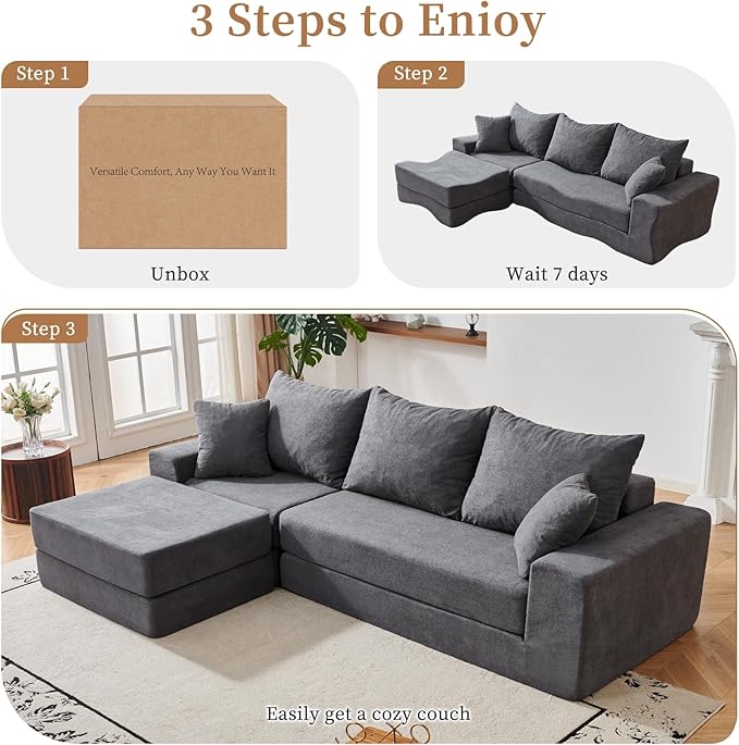 108'' Modular Sectional Couch, Modern 3-Seater Boneless Cloud Sleeper Sofa, L-Shaped Convertible Sectional with Non-Slip Bottom, No Assembly Required, Deep Seats Couch for Living Room, Grey