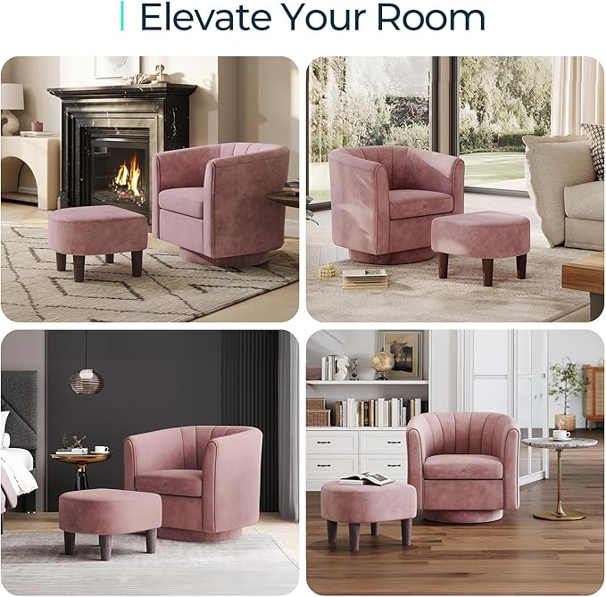 LINSY Swivel Accent Chair Ottoman Set: Velvet Larege Barrel Chair with Foot Rest, Modern Reading Chair Upholstered Armchair with Footrest for Living Room Bedroom Study Room Office (Pink)