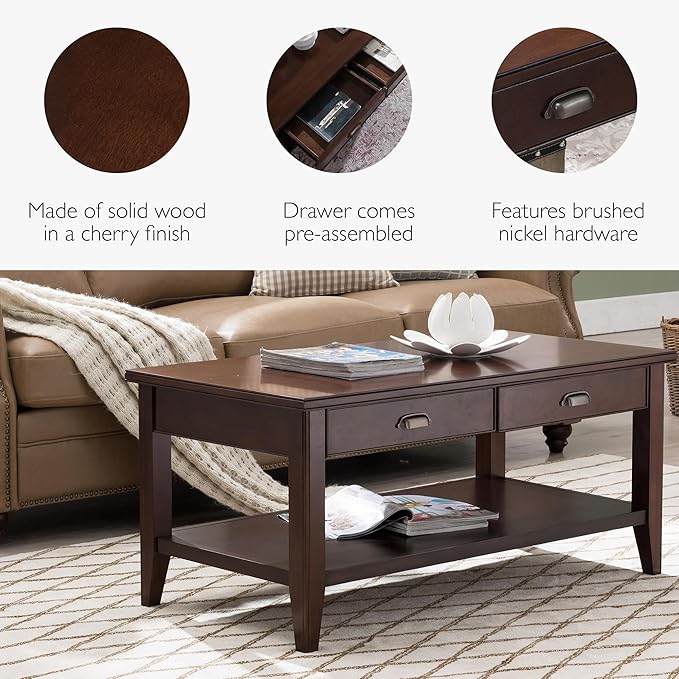 Leick Home 10504 Laurent Two Drawer Coffee Table with Shelf, Chocolate Cherry