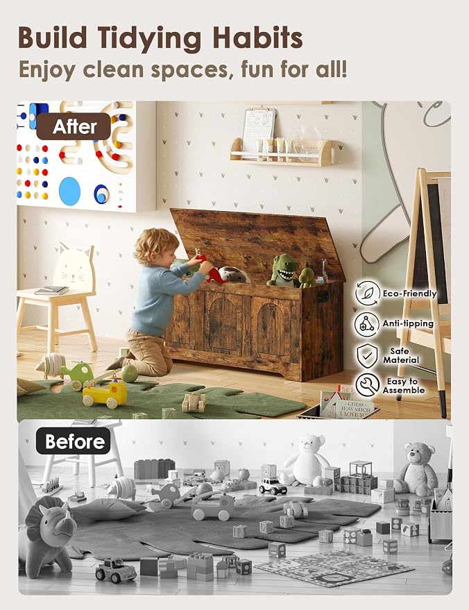 DINZI LVJ Storage Chest, 39.4” Wooden Toy Box with 2 Safety Hinges, Entryway Shoe Bench with Flip-Top, Sturdy Large Storage Trunk for Living Room, Bedroom, Playroom, Easy Assembly, Rustic Brown - Image 9