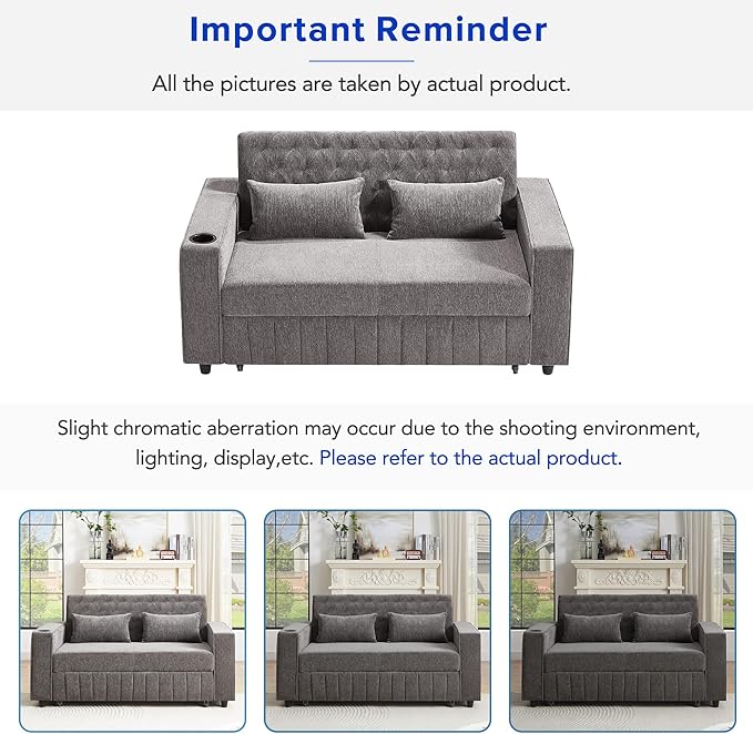 Merax Pull-Out Sleeper Sofa Bed with Reversible Backrest and Two Throw Pillows, 3 in 1 Foton Couch with USB Ports & Cup Holder, Chenille Loveseat with Storage Shelves for Living Room, Grey
