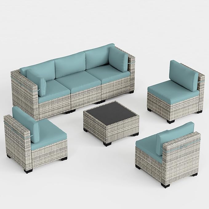 7-Piece Outdoor Patio Furniture Set, PE Wicker Rattan Sectional Sofa Conversation Set with Tempered Glass Table & Thick Cushions - All-Weather Garden, Backyard Furniture, Light Blue