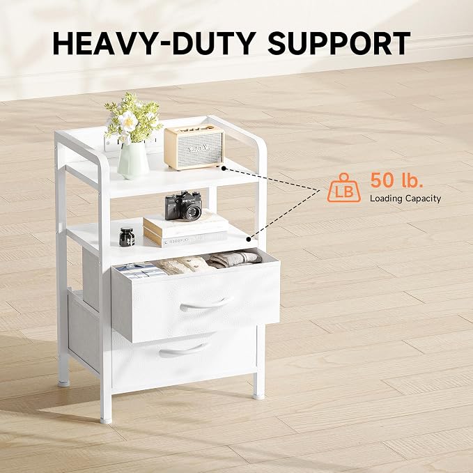 Lazzanto Night Stand Bedside Table Bedroom - White Nightstand with Charging Station & LED Light Strip, Morden Bed Side End Table with Storage Shelf & 2 Fabric Drawers, U-S-B Ports & AC Outlets - Image 7