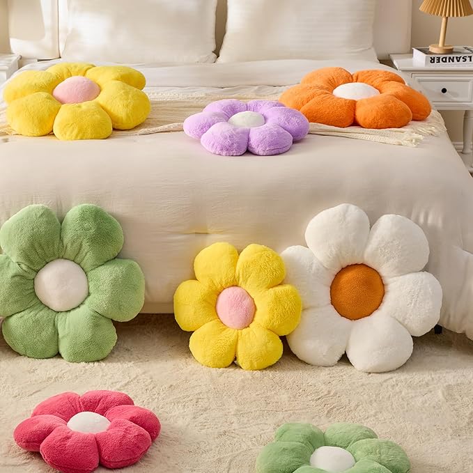 CANGHI 4 PCS Flower Pillows Flower Shaped Throw Pillow Cute Daisy Pillows Seating Cushions for Adults Kids Home Bedroom Sofa Chair Couch Decor (White/Pink/Lavender/Dusty Pink, 15.74 inch)