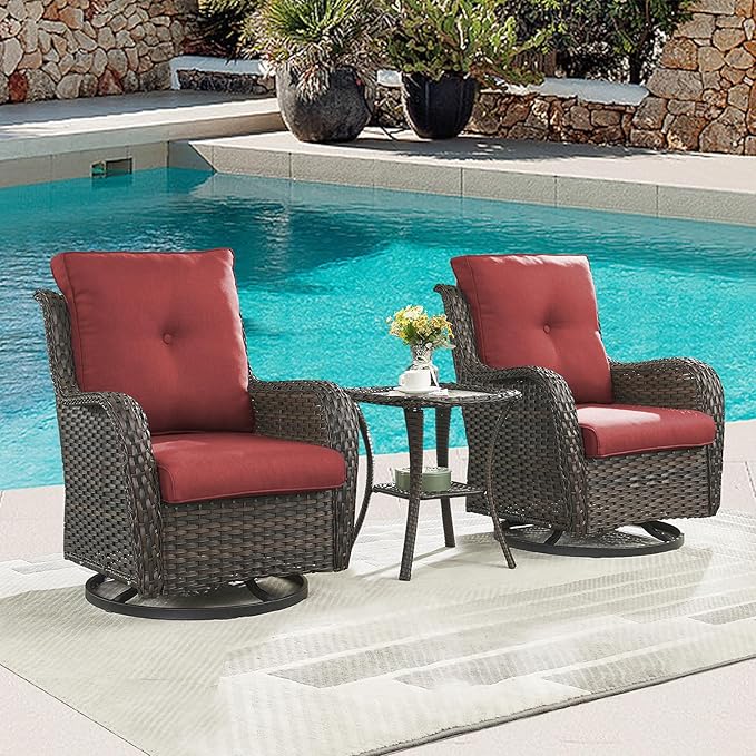 Rilyson Wicker Rocking Chair Swivel Chairs - 2 Piece Rocker Patio Chairs Set Rattan Rocking Chair for Outdoor Porch Deck Garden Backyard (Brown/Red)