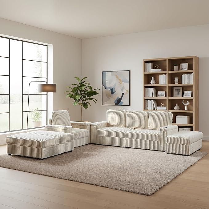 ERYE Oversized Loveseat Sectional Sofa and Chaise, 5 Pieces Living Room Sofa Set Include Love Seat,Chair & 3 Ottomans, Corduroy Upholstered Modular Couch with Cupholders