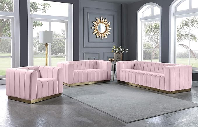 Meridian Furniture 603Pink-S Marlon Collection Modern | Contemporary Velvet Upholstered Sofa with Deep Channel Tufting, Stainless Steel Base in a Brushed Gold Finish, Pink, 86.5" W x 34" D x 28" H
