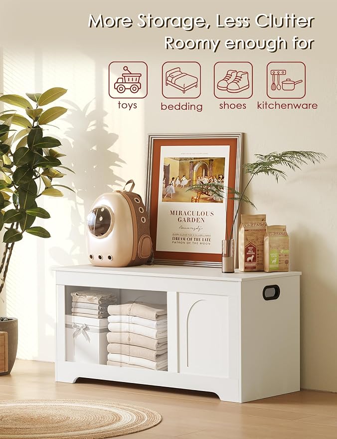 DINZI LVJ Storage Chest, 39.4” Wooden Toy Box with 2 Safety Hinges, Entryway Shoe Bench with Flip-Top, Sturdy Large Storage Trunk for Living Room, Bedroom, Playroom, Easy Assembly, White - Image 9