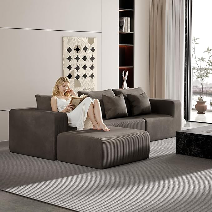 108‘’ L-Shaped Modular Sectional Couches for Living Room Bedroom, Oversized 3 Seater Sofa Boneless with Deep Seat, Ottoman No Assembly (Brown)