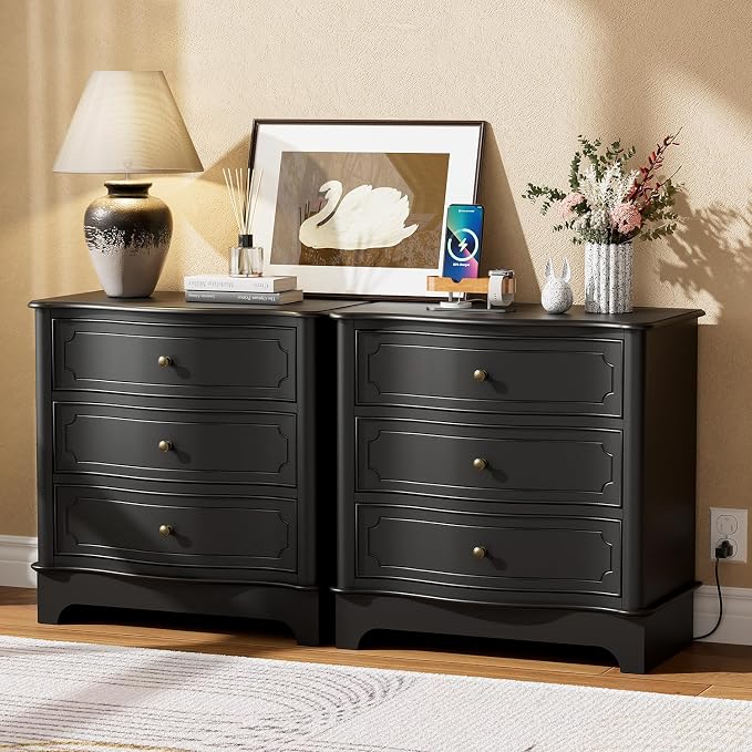 3 Drawers Dresser for Bedroom with Charging Station, 28" Wide Small Chests of Drawers, Farmhouse Wood Nightstand Bedside Cabinet End Table for Bedroom, Living Room, Closet, Black - Image 9