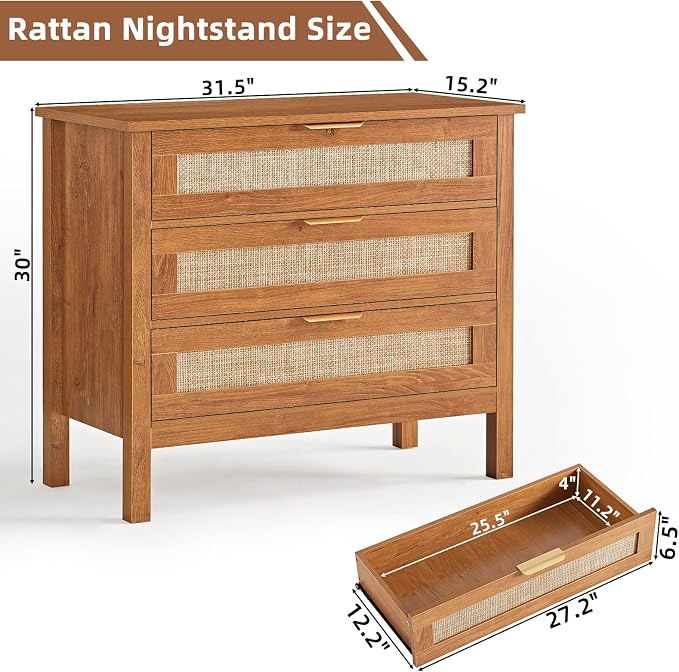 LEYAOYAO 31.5" Wide Rattan Nightstand, Large Boho 3 Drawer Night Stand, Tea Brown Bedside Table with Storage, Tall Bed Side End Tables, Chest of Drawers Dressers for Bedroom, Living Room, Hallway - Image 9