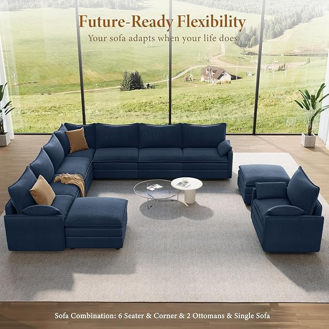 Vesgantti Large Modular Sectional Sofa, Big Comfy Cloud Couch with Ottoman Deep Seat Chenille Cloud Sofa, 9 Seater Large Sectional Couches for Living Room, Bedroom and Apartment, Blue