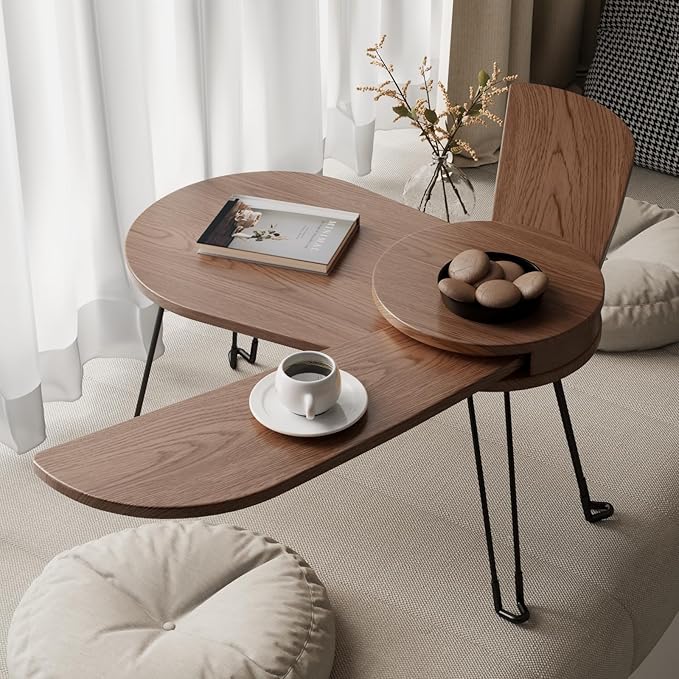 Small Coffee Tables for Small Spaces, Solid Wood Accent Tables Living Room, Foldable Coffee Table Oval, Folding Floor Table, Low Table for Sitting on the Floor, Narrow Side Table Couch, Walnut
