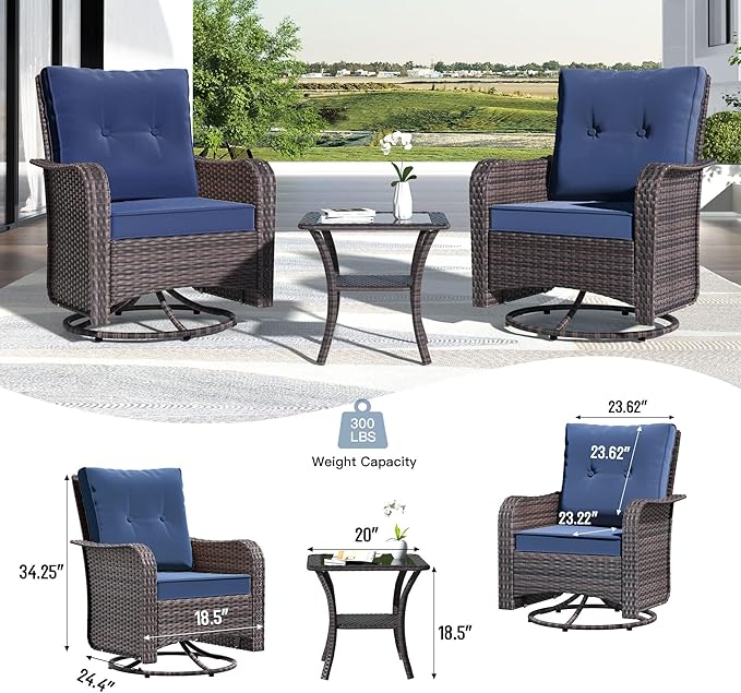 Kullavik 12PCS Outdoor Patio Furniture Set,PE Wicker Rattan Sectional Sofa Patio Conversation Sets with Tempered Glass Table,Swivel Rocking Chairs Set,Navy Blue