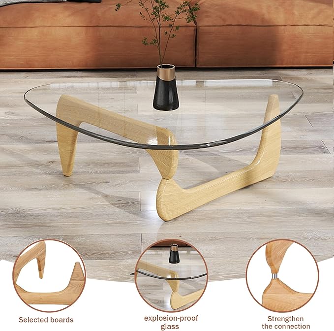 Glass Coffee Table, Mid Century Modern Light Wood Coffee Table with Tempered Glass Top and Wood Legs, Farmhouse Living Room Center Tables for Small Space, Easy Assembly