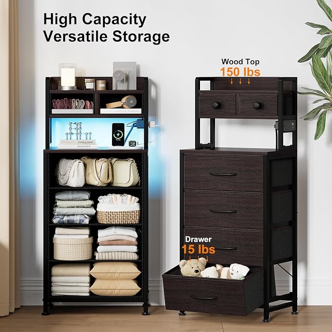 REAHOME 41 Inch Tall Nightstand with Charging Station, LED Night Stand with 6 Fabric Drawers, Bed Side Table with 3-Tier Wood Storage Shelves for Bedroom, Office, Small Spaces, Leather Brown - Image 9