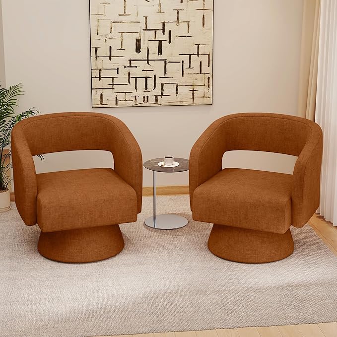 Nebuaegis Swivel Accent Chair, Modern Comfy Chenille Barrel Chairs, Oversized Upholstered Round Arm Chair for Living Room, Bedroom, Reading Room, Caramel, 1 PCS