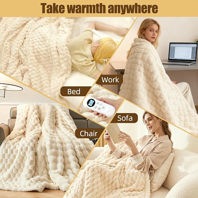 Eastsora Heated Blanket Electric Blanket Heating, Dual Control Soft Ribbed Faux Fur Electric Blanket with 12 Heat Levels 12H Timer ETL FCC Certified Machine Washable (White, King | 90" x 100")