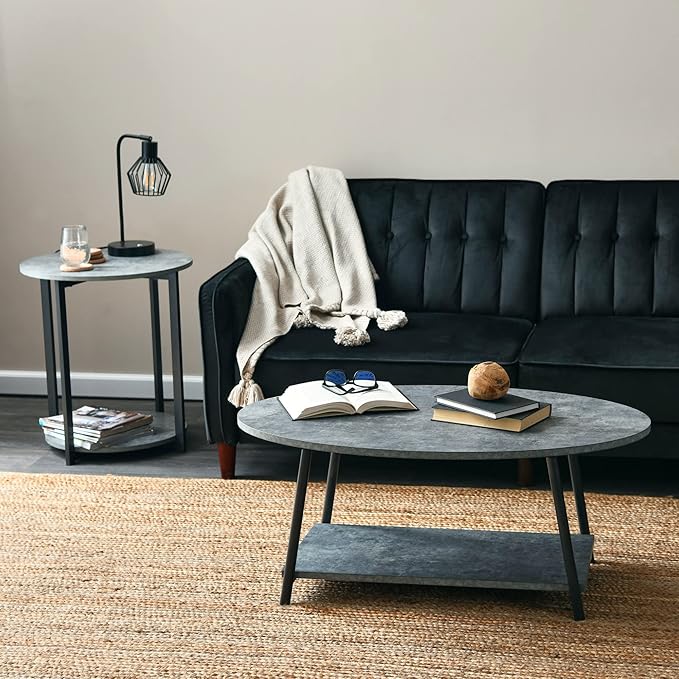 Household Essentials Jamestown Oval Coffee Table with Storage Shelf Rustic Slate Concrete and Black Metal