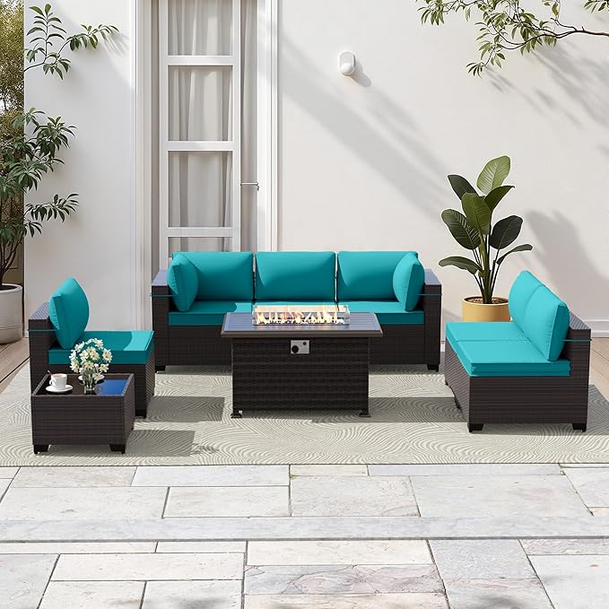 Gotland 8 Pieces Patio Furniture Set with Fire Pit Table, All Weather Rattan Outdoor Furniture with 29.5'' High Backrest 4’’ Thick Cushions Coffee Table, Outdoor Sectional for Porch, Deck, Blue