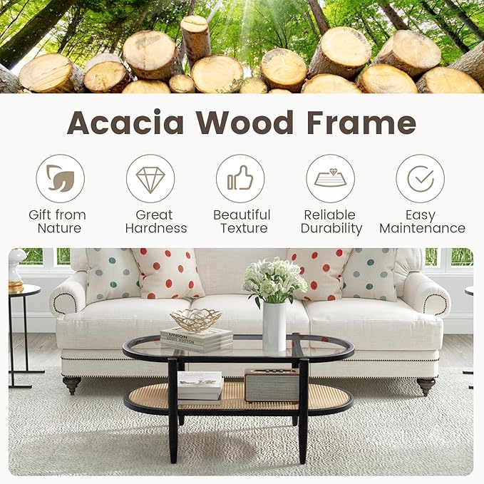 Tangkula Rattan Coffee Table, 40”L Boho Oval Acacia Wood Cocktail Table with Tempered Glass Tabletop & PE Rattan Storage Shelf, 2-Tier Tea Center Table for Living Room Office Reception (Boho, Black)