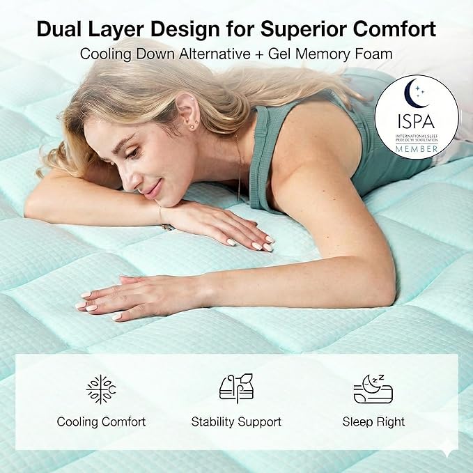 Novilla 4 Inch Dual Layer Memory Foam Mattress Topper, 2 Inch Gel Memory Foam and 2 Inch Cooling Down-Alternative Mattress Pad Cover for Back Pain, Breathable & Certi-Safe, King