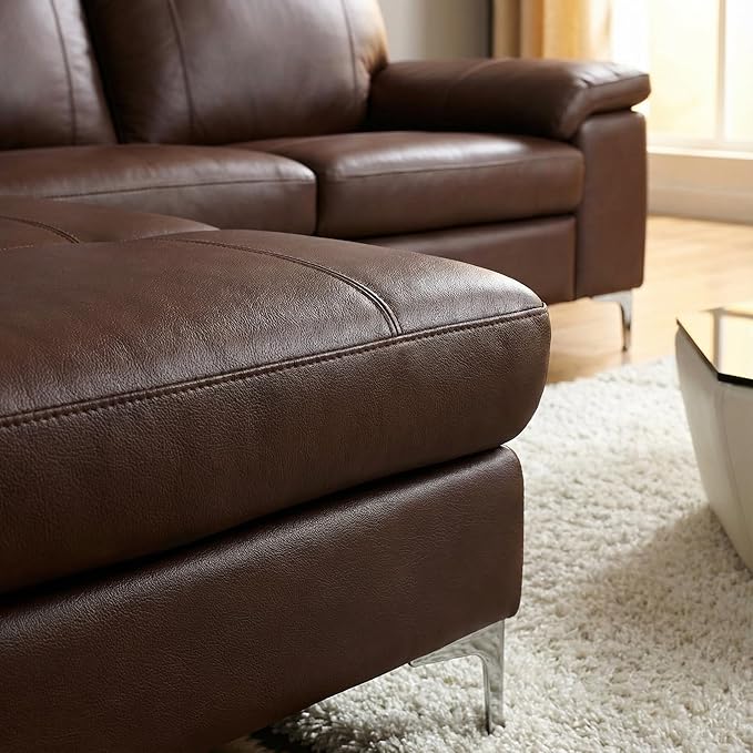 Cortesi Home Contemporary Dallas Genuine Leather Sectional Sofa with Left Side Facing Chaise Lounge, Brown 80"x98"