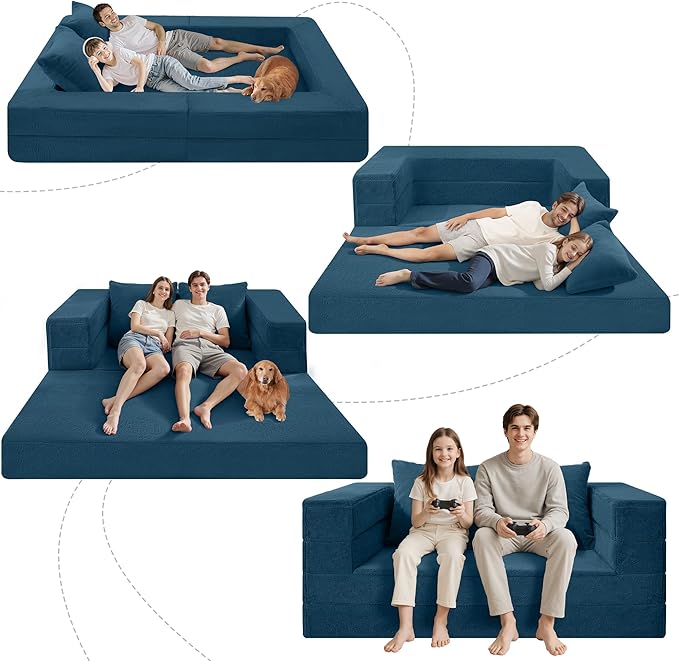 Futon Sofa Bed with Pillow, 3-in-1 Sleeper Sofa Bed with Removable Cover, Convertible Floor Sofa Bed, No Assembly Boneless Couch for Living Room, Bedroom
