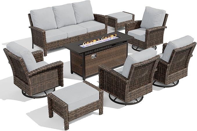 HERA'S HOUSE 8-Piece Outdoor Furniture Set with Fire Pit Table, Patio Conversation Set with 5.5" Thick Cushions & High Back Swivel Chairs, All-Weather Wicker Deep Seating Sofa with Ottomans, Grey