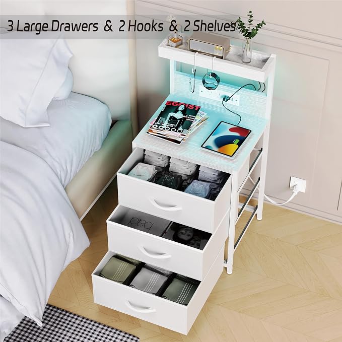 Night Stand with Charging Station Set of 2, LED Nightstand Bedside Table with USB Ports and Outlets, 3 Fabric Drawer End Side Table Night Stand Set 2 for Bedroom with Storage Shelf and 2 Hooks, White - Image 9