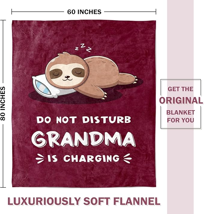 Funny Gifts for Grandma, Grandma is Charging Sloth Blanket, Birthday Gifts for Grandmas from Grandkids,Grandmas Gitts for Mothers Day Christmas, Soft Sloth Blanket for Grandmother, Burgundy, 60" x 80"