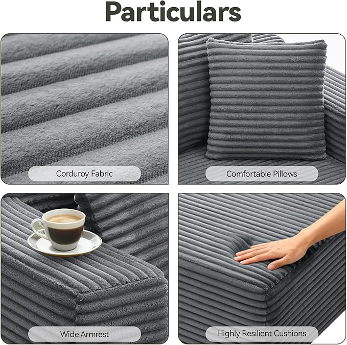 106" Modular Sectional Sofa, Grey Corduroy Cloud Couch with Right Chaise, Deep Seat Boneless Floor Sofa for Living Room, High-Resilience Foam Support, No Assembly Required, Includes Pillows | Sectional Sofa, Corduroy Cloud, Boneless, High-Resilience, N...