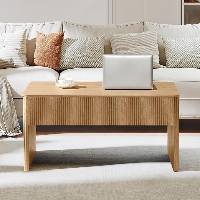 ORRD Fluted Lift Top Coffee Table, Farmhouse Coffee Table with Hidden Compartment, Rising Top Center Table with Storage, Mid Century Rectangular Center Tables for Living Room (Natural)