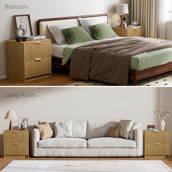 Furniway Nightstands Set of 2, Fluted Nightstand with Gold Metal Handles and 2 Drawers, Modern Bedside Table, 18.5" Wide Wood End Table for Bedroom, Natural - Image 7