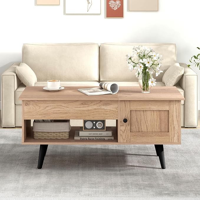 Giantex Lift Top Coffee Table, Modern Cocktail Table with Hidden Compartment, Open Shelf & Cabinet, Wooden Flip Top Center Table, Pull up Coffee Table for Home Office, Living Room (Natural)